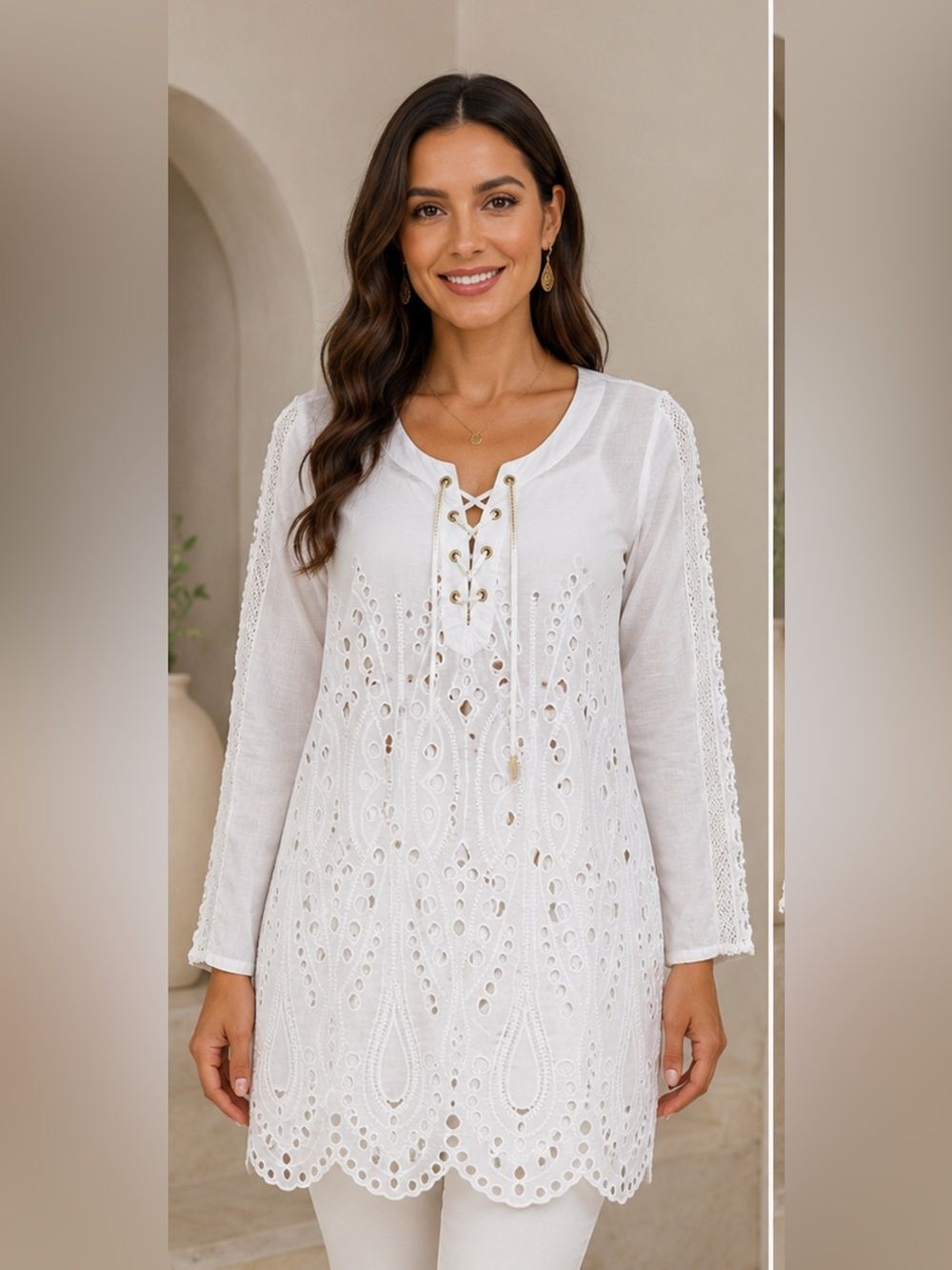 (A5)Michael Kors Long Sleeve Blouse with Lace Trim and Openwork Embroidery,Sz M - Picture 2 of 16